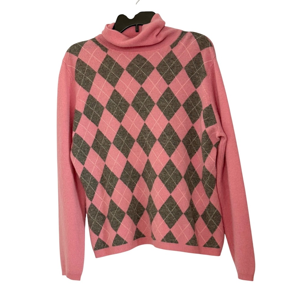 Apt 9 100%‎ Cashmere Turtleneck Sweater Pink Argyle Plaid Preppy - XLarge